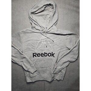 Reebok Sweatshirt Hoodie Mens Medium Long Sleeve Graphic Logo Pocket Gray Black